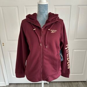 NWT Reebok Maroon Red Rose Gold Trim Fleece Lined Cotton Hoodie Zip Jacket Sz L